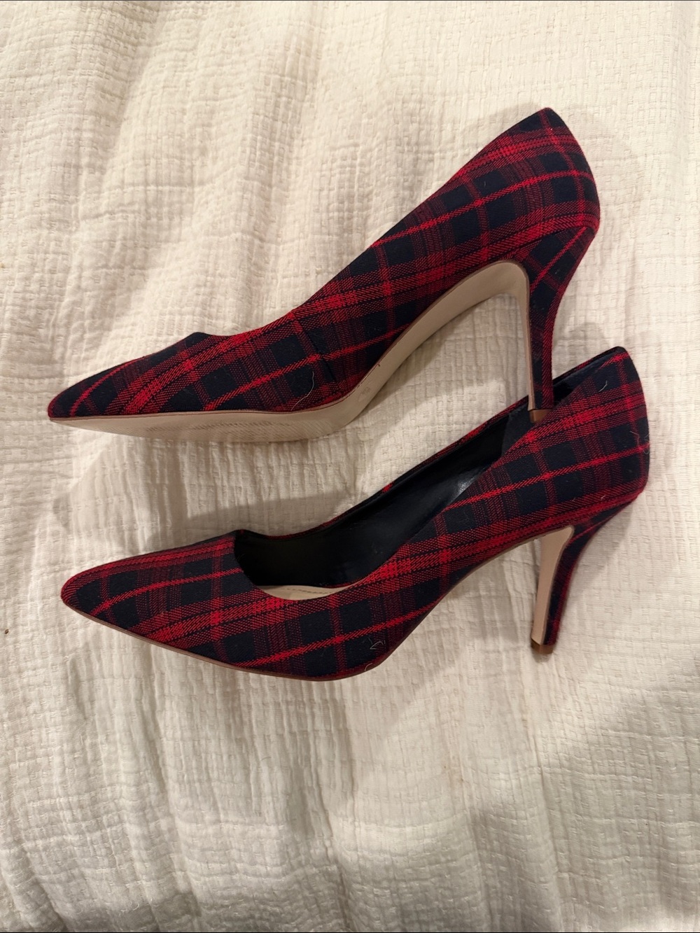 BCBGeneration Red and Black Plaid Pointed-Toe Stiletto Pumps